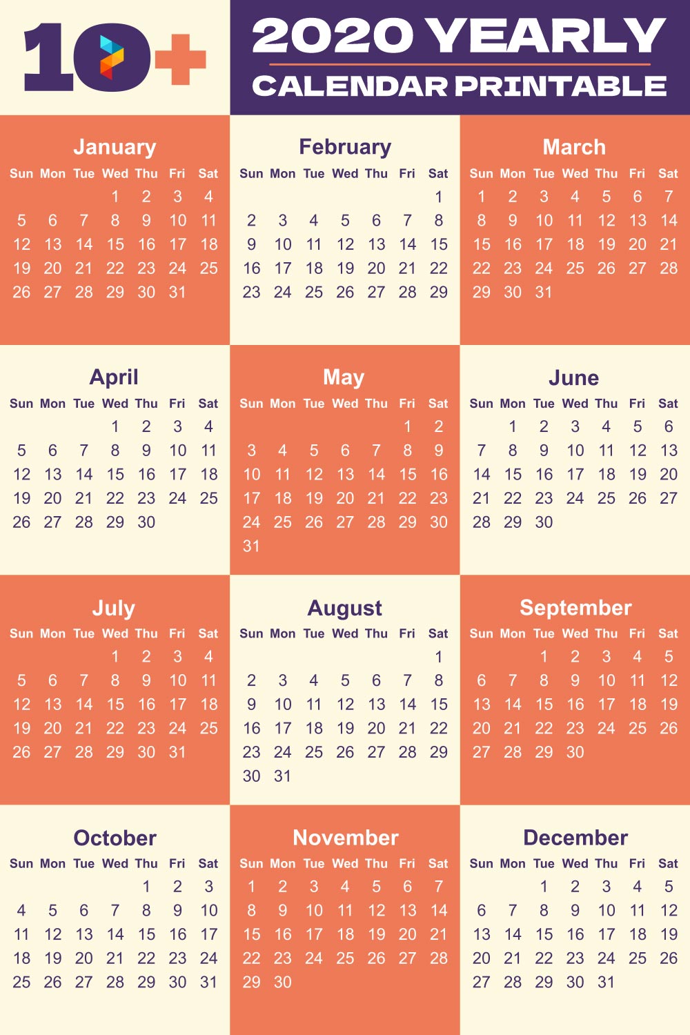 10 best 2020 yearly calendar free printable printablee com