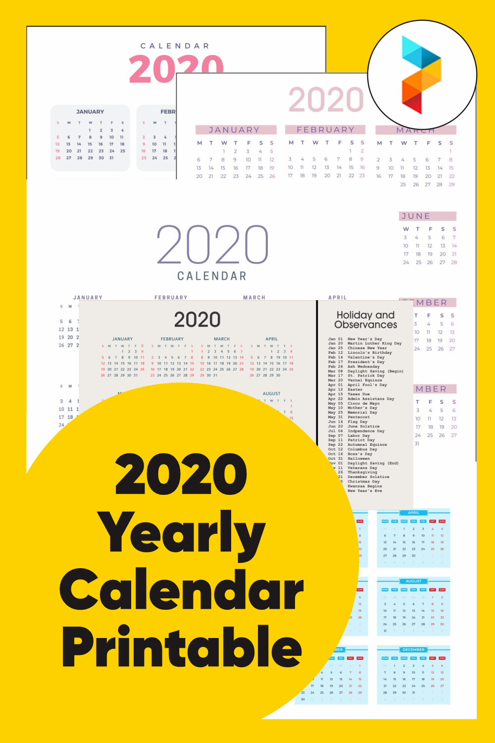 2020 Yearly Calendar Printable