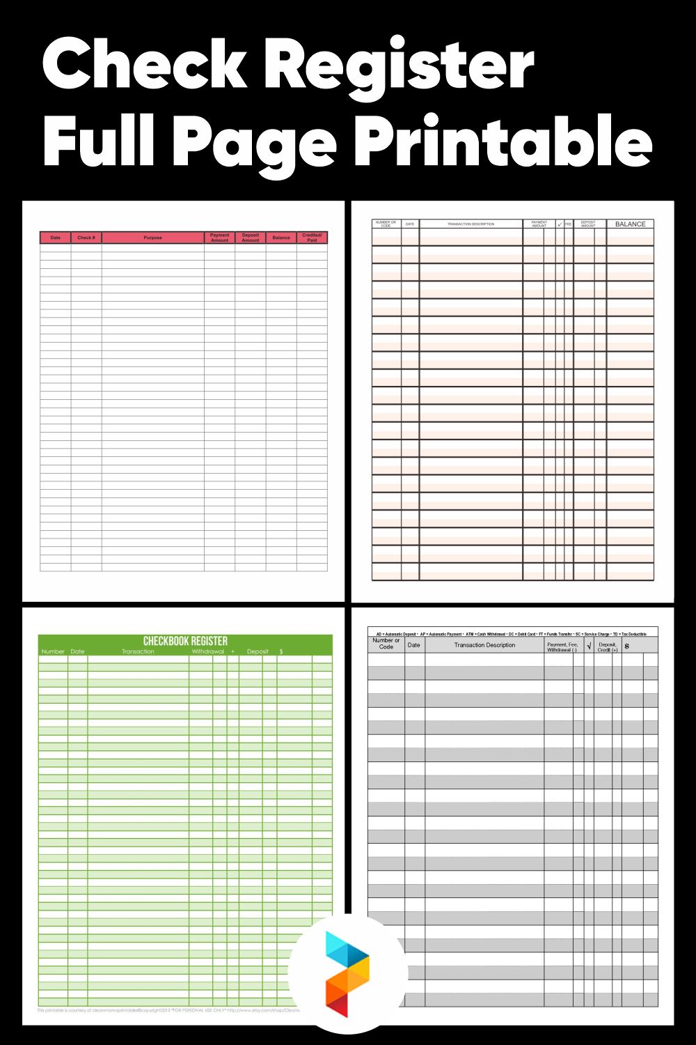 Free Printable Checkbook Register Full Page