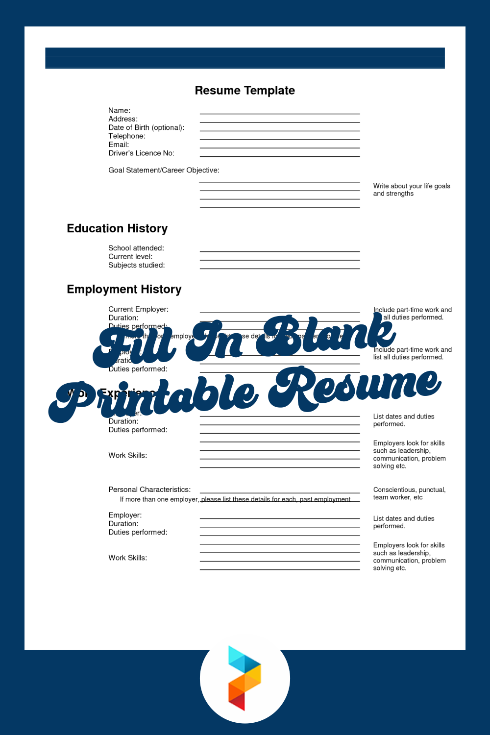 Printable Fillable Resume Template