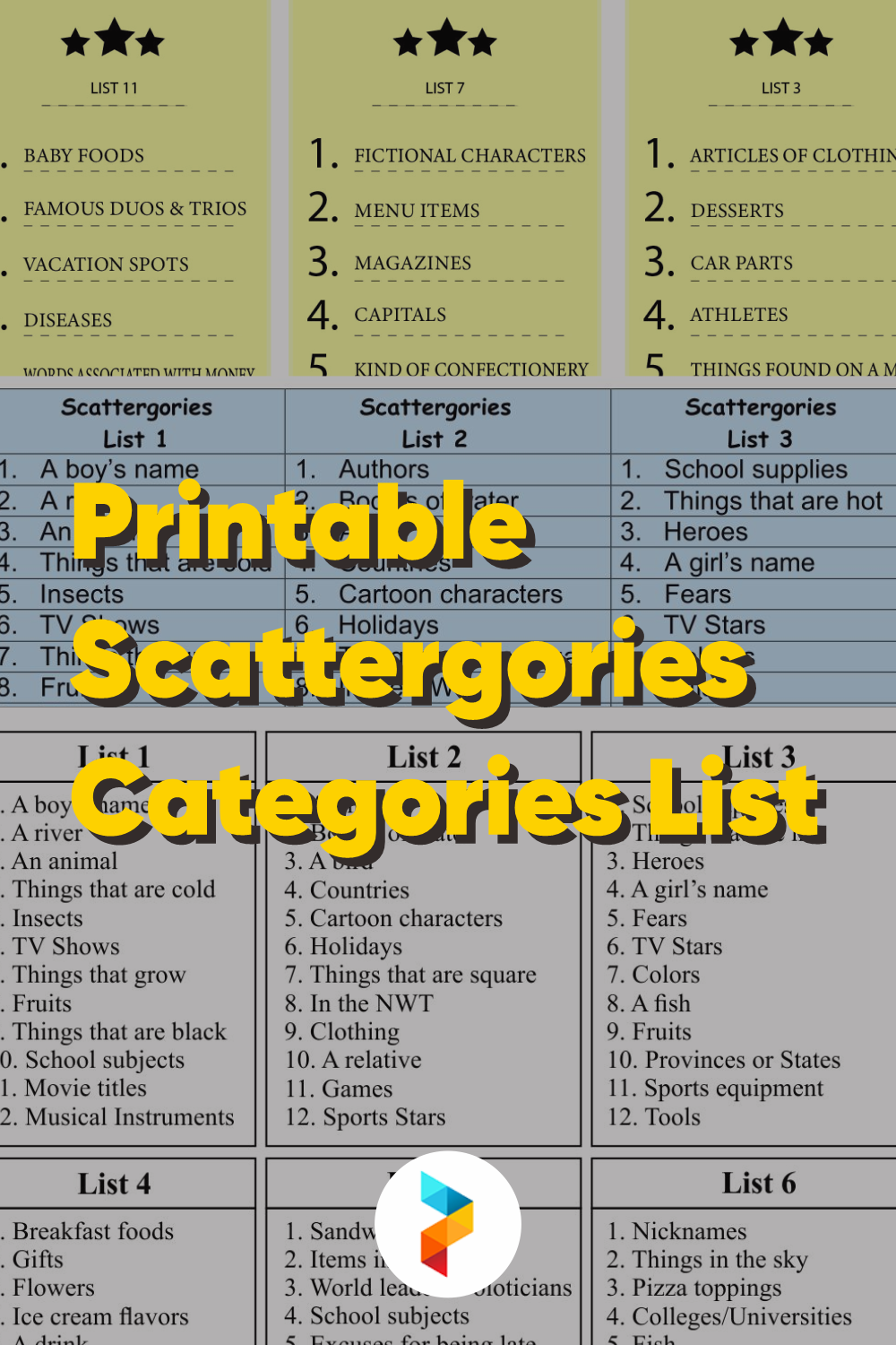 Printable Scattergories Categories List