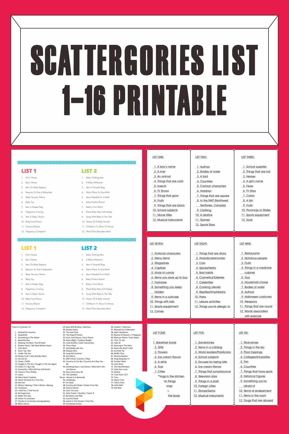 Scattergories List 1-16 Printable