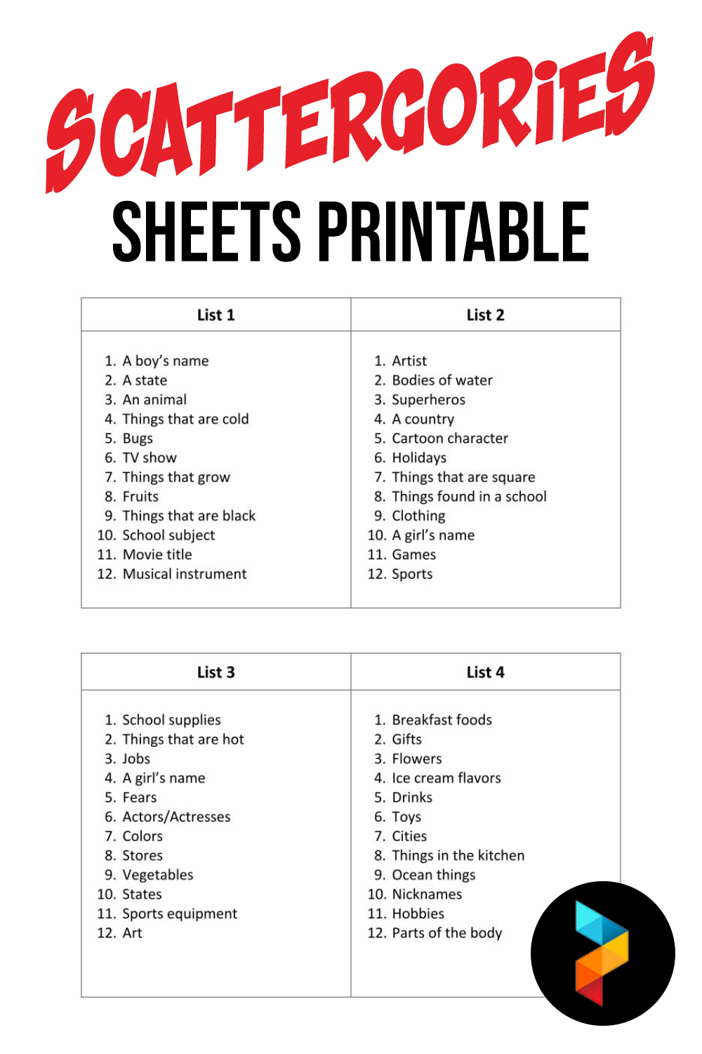Scattergories Sheets Printable
