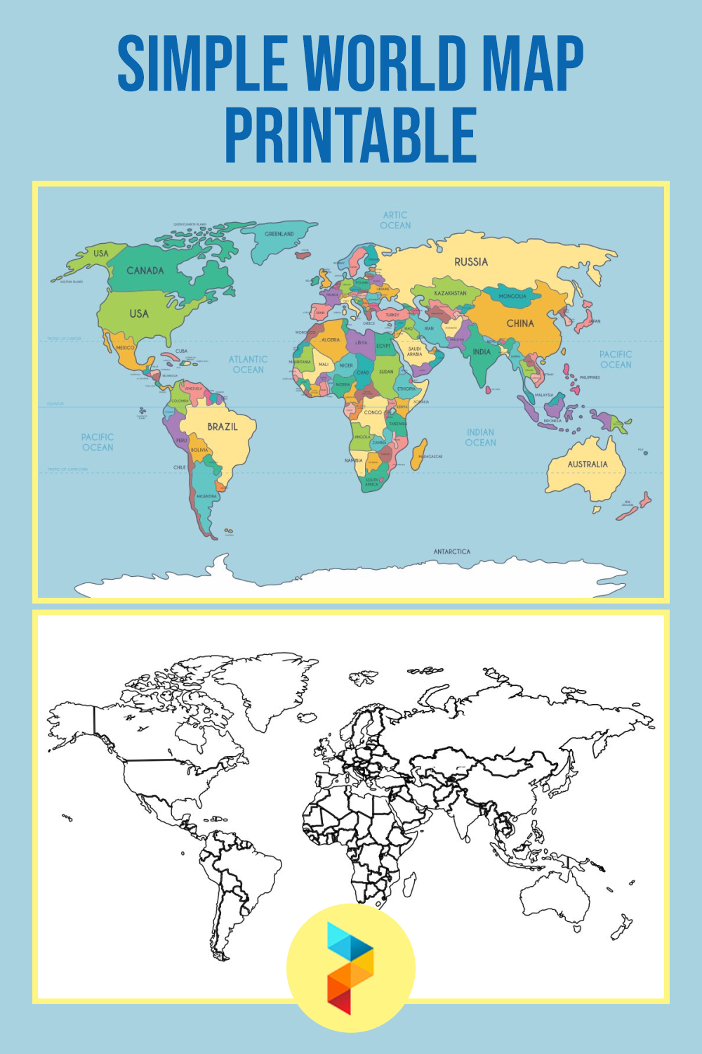 10 Best Simple World Map Printable - printablee.com World Map Continents For Kids